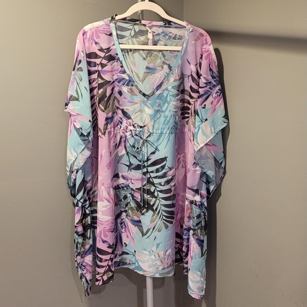 Apana Women's Tropical Leaf Print Sheer‎ Swimsuit Cover Up, Size L, Multicolor